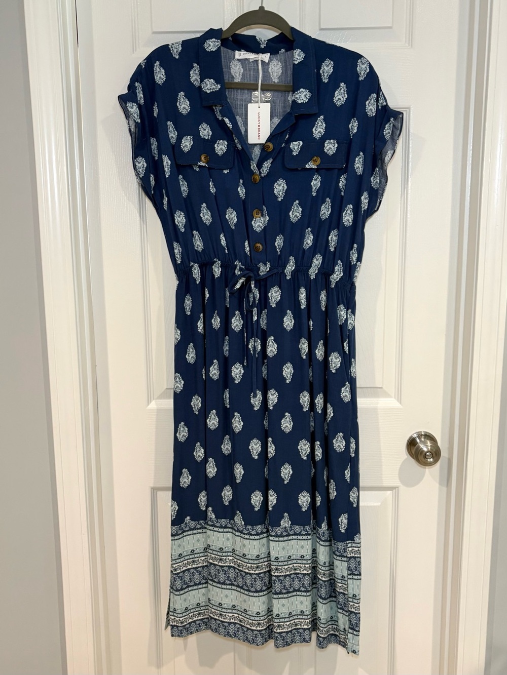 Lucky Brand Midi Blue Collared Shirt Dress Button Drawstring Waist Size L NWT - Picture 5 of 12